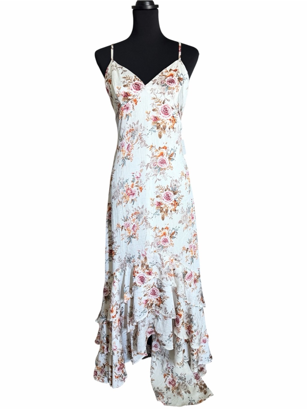 Altar'd State Light Cream Floral High-Low Ruffle Maxi Dress
